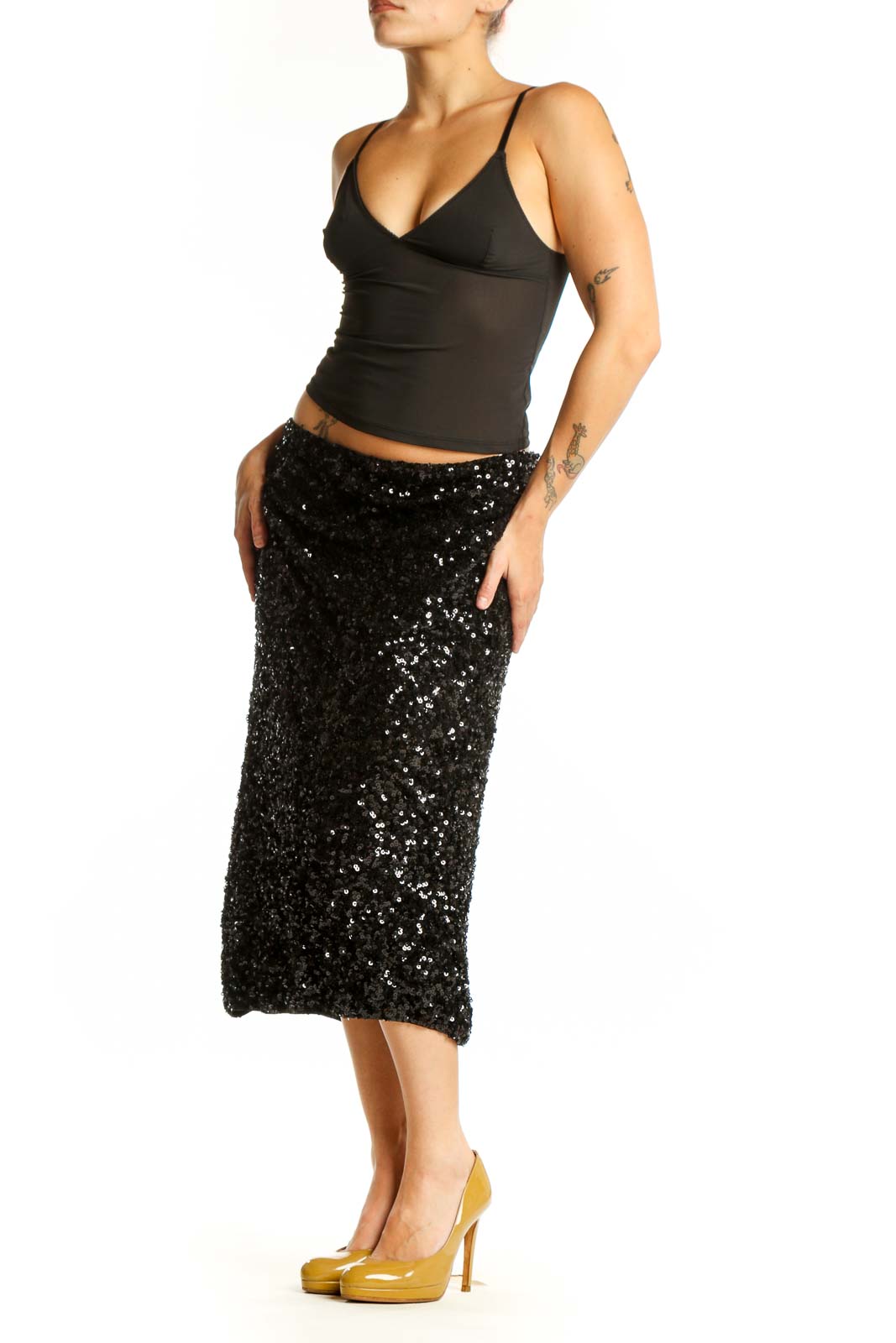 Black sequin midi skirt with all-over sparkle embellishment, front view on model