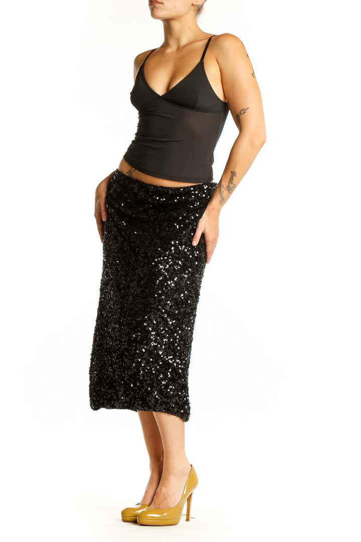 Black sequin midi skirt with all-over sparkle embellishment, front view on model