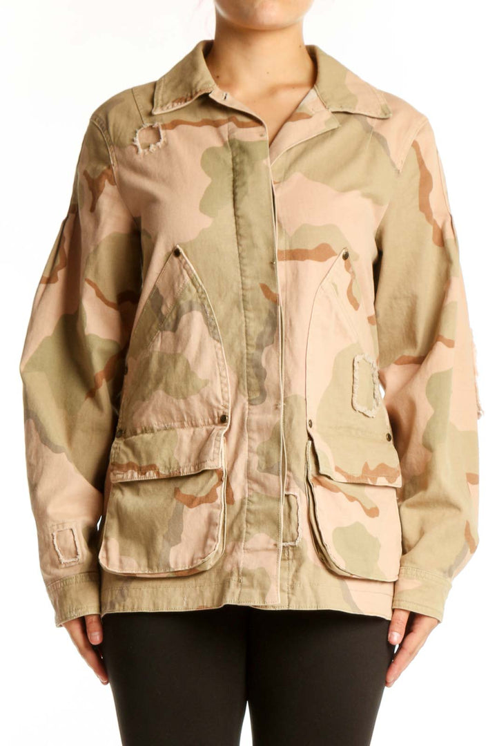 Beige camouflage utility jacket by Anthropologie with functional pockets and full-length zip closure, front view