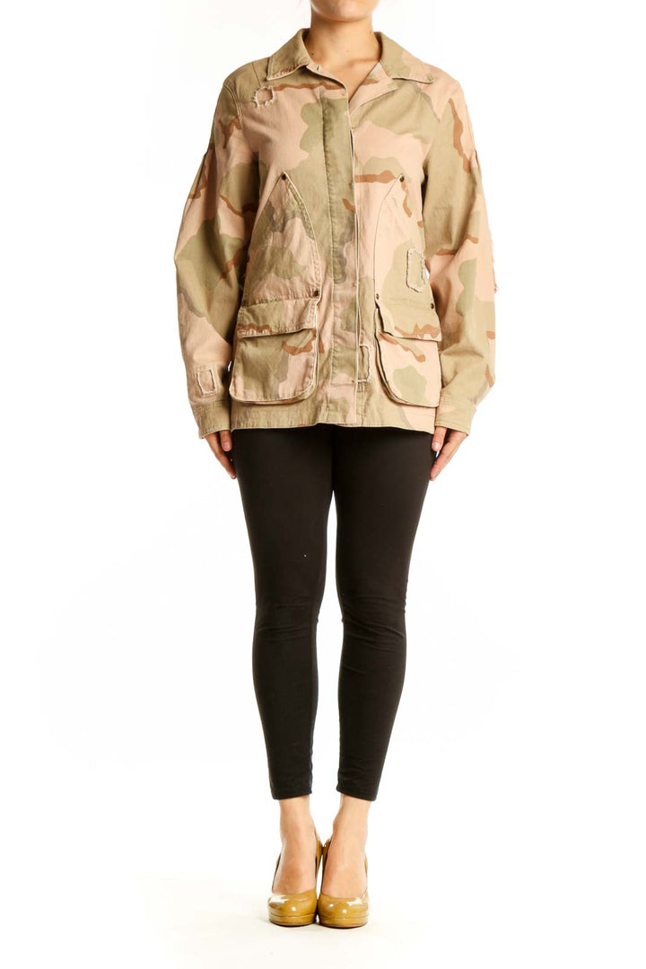 Beige camouflage utility jacket by Anthropologie with functional pockets and full-length zip closure, front view