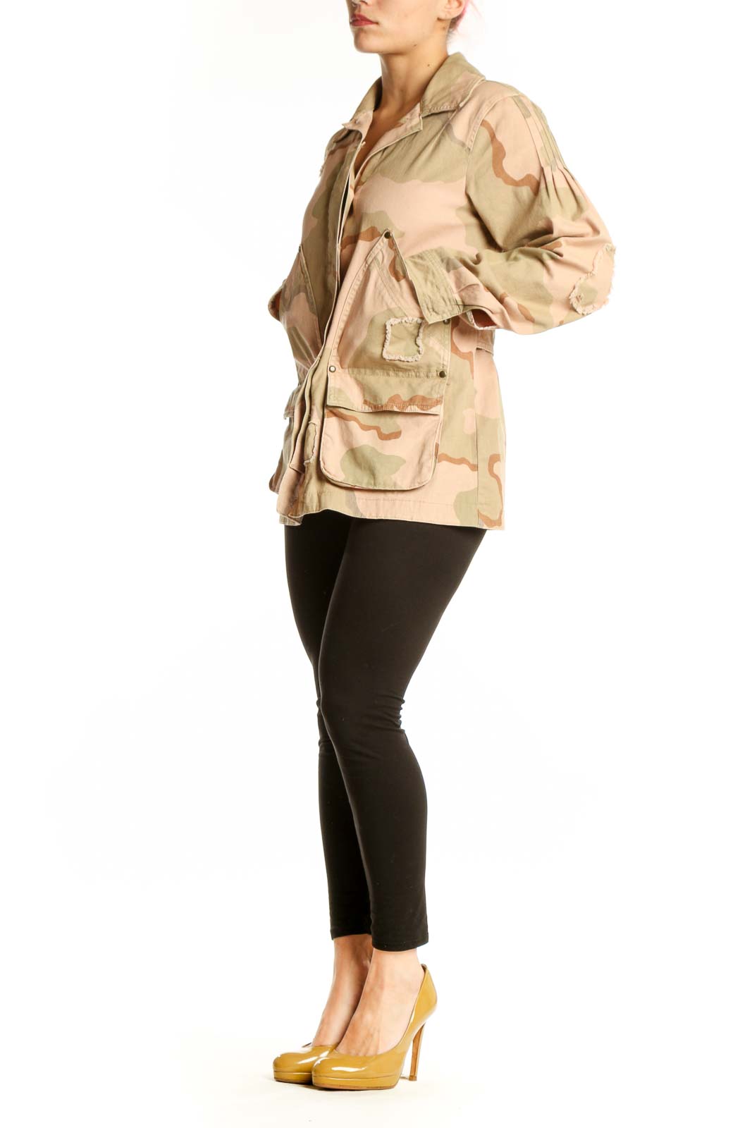 Beige camouflage utility jacket by Anthropologie with functional pockets and full-length zip closure, front view