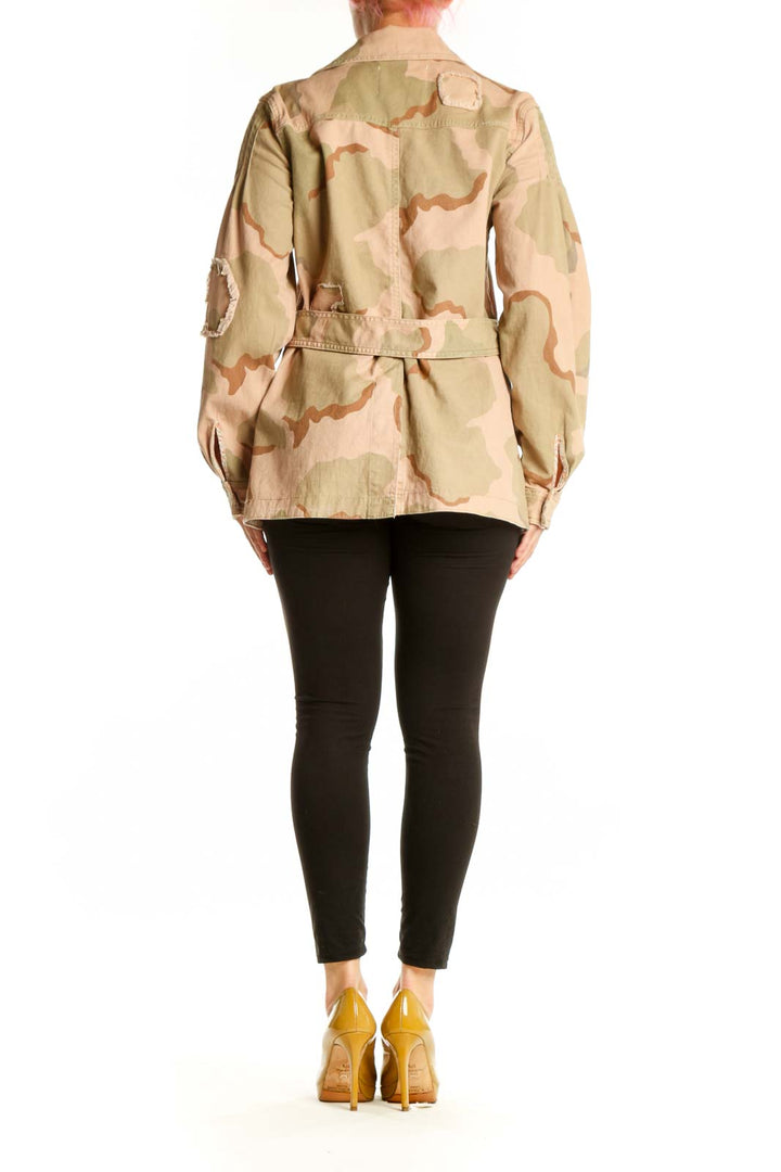 Beige camouflage utility jacket by Anthropologie, back view showing relaxed fit and structured silhouette