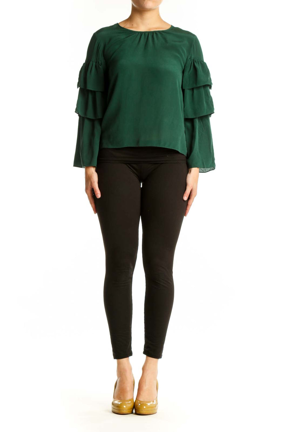 Forest green silk blouse with tiered ruffle sleeves, cropped fit, worn with black pants