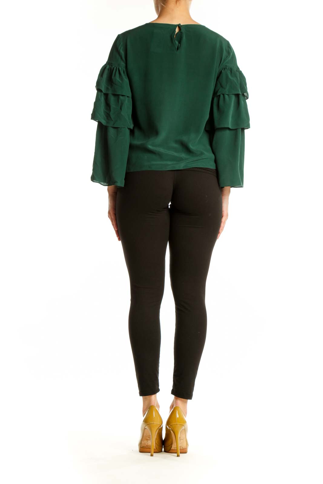 Back view of green silk ruffle sleeve blouse showing layered sleeve detail and relaxed silhouette