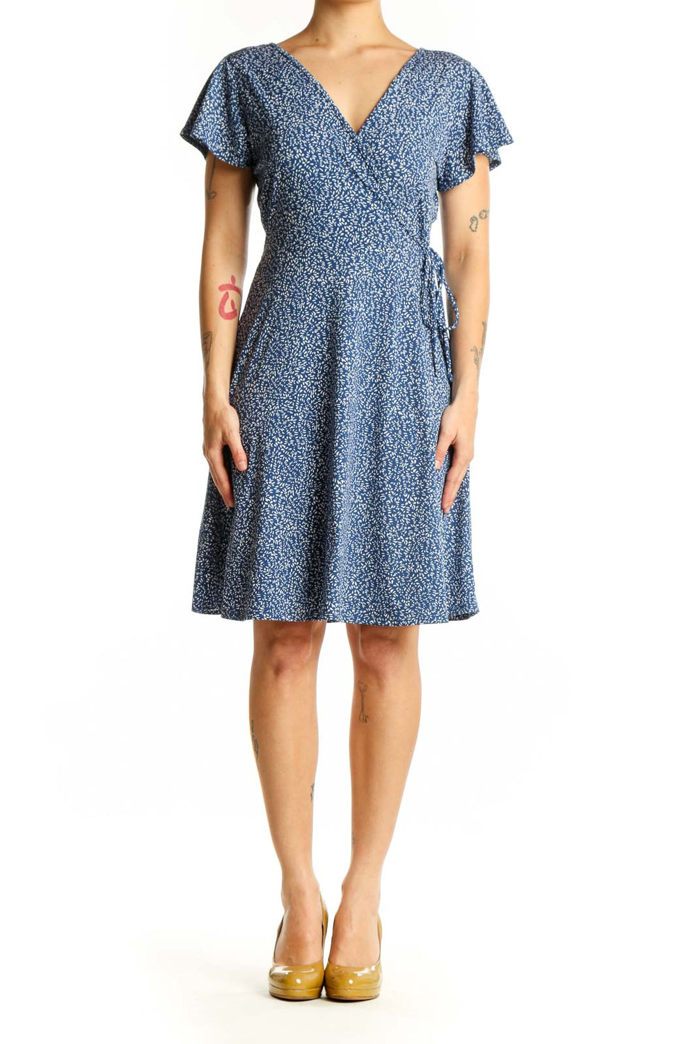 Blue floral wrap midi dress with V-neckline and flutter sleeves, front view