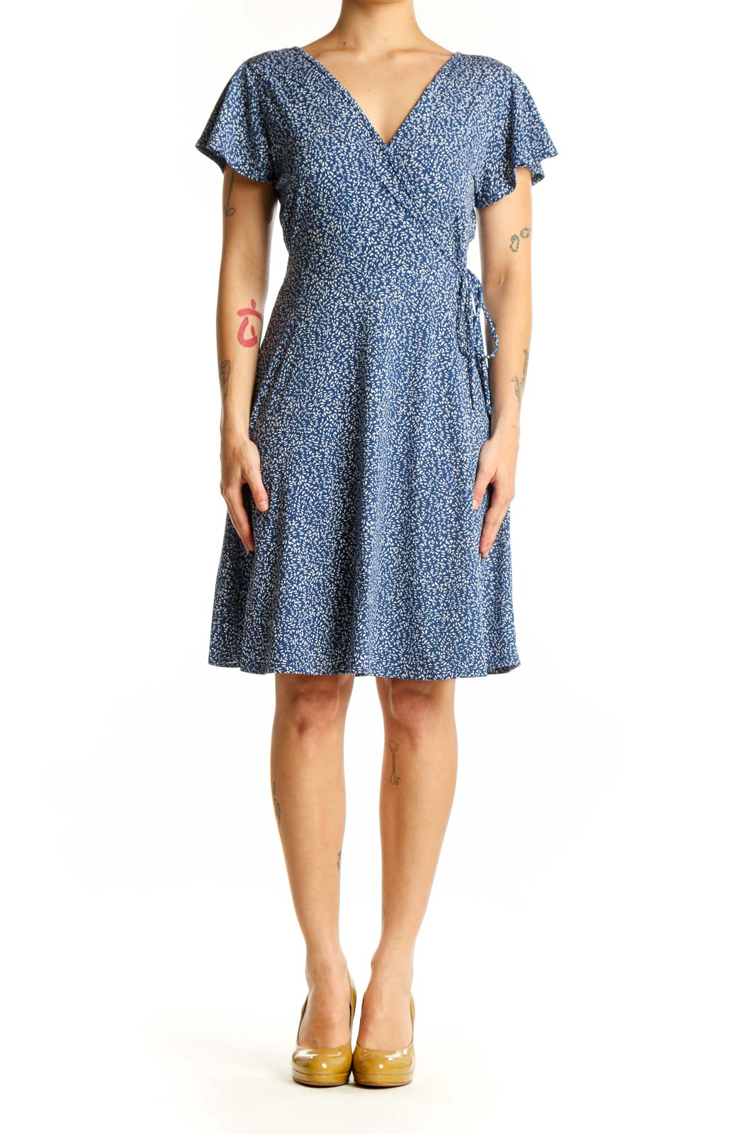 Blue floral wrap midi dress with V-neckline and flutter sleeves, front view