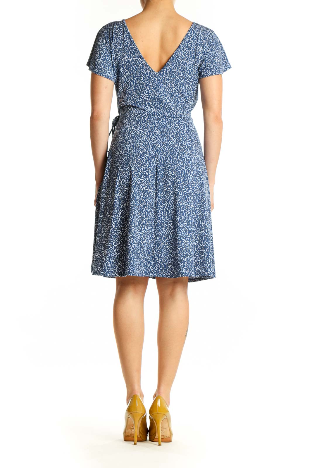 Blue floral wrap midi dress with flutter sleeves, back view showing wrap detail