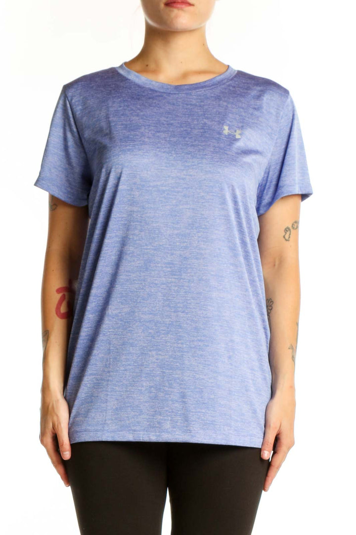 Front view of heathered blue Under Armour activewear t-shirt with crew neck and short sleeves on model