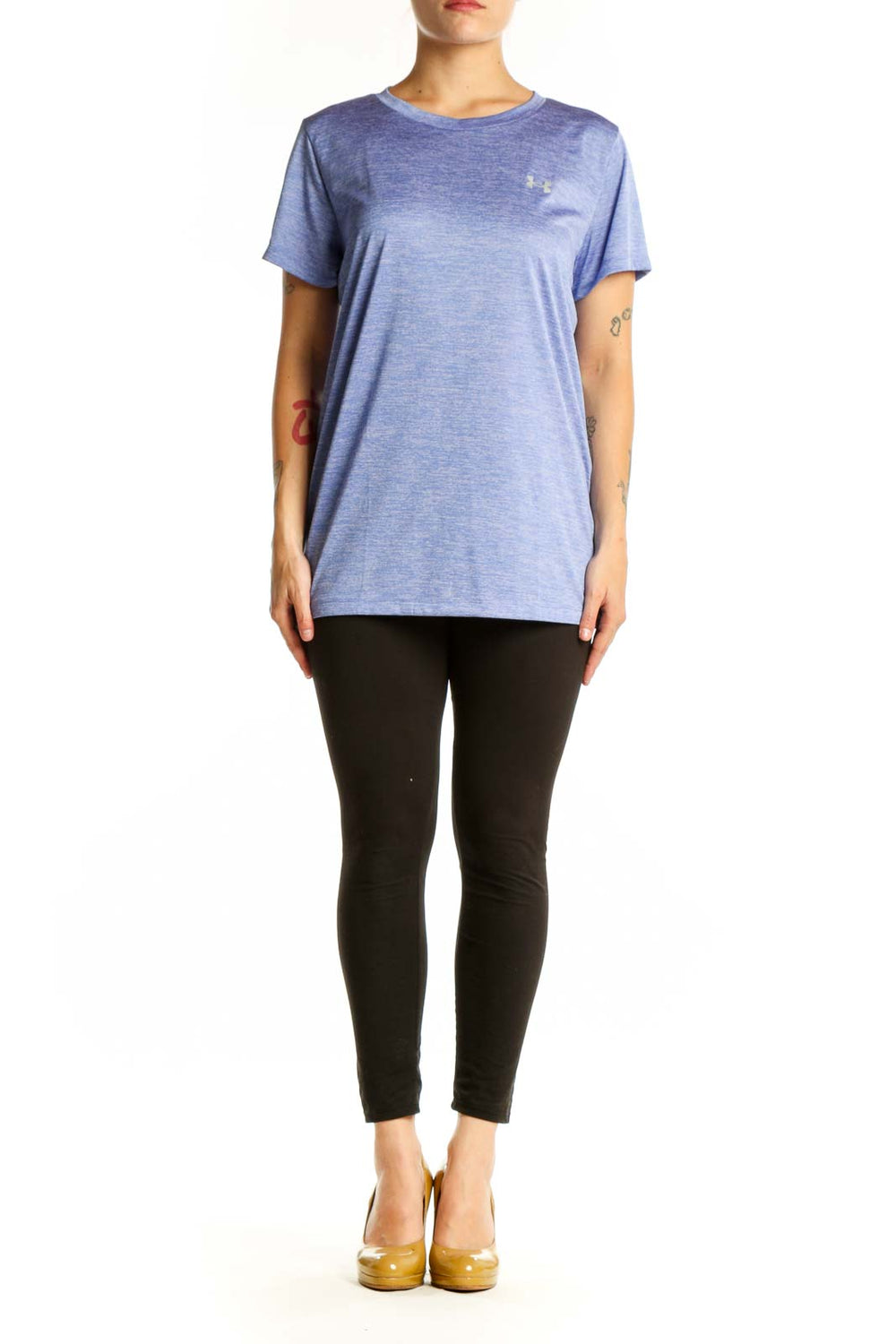 Front view of heathered blue Under Armour activewear t-shirt with crew neck and short sleeves on model