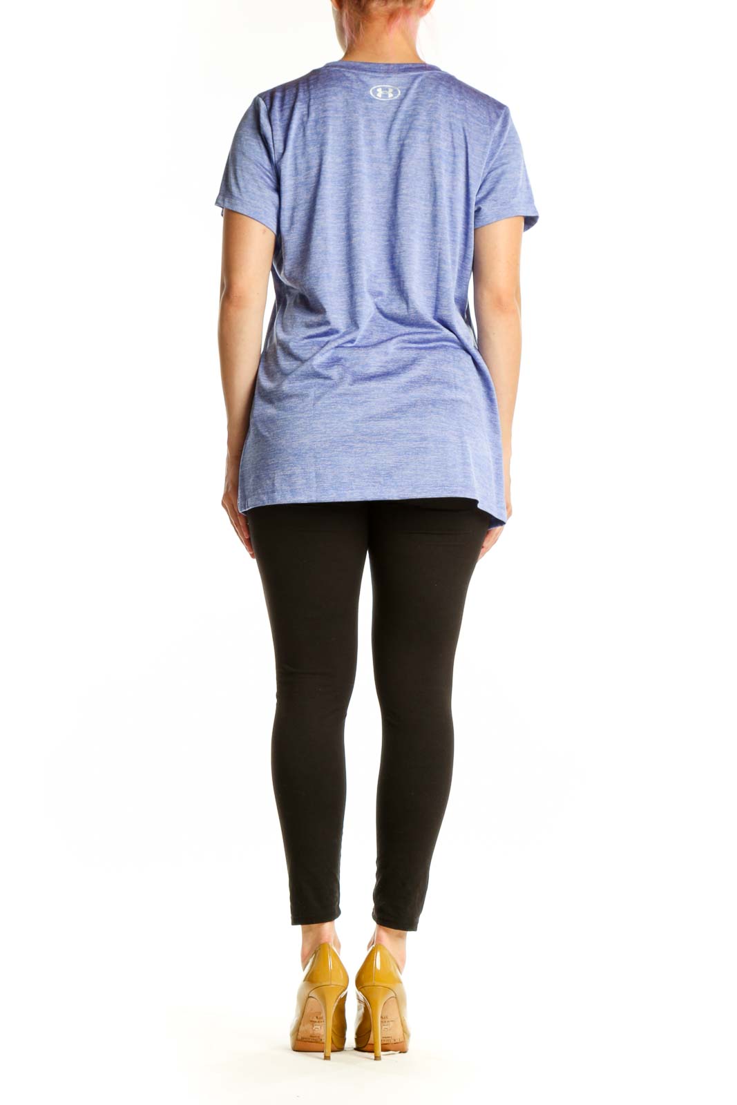 Back view of heathered blue Under Armour activewear t-shirt showing relaxed fit and design details