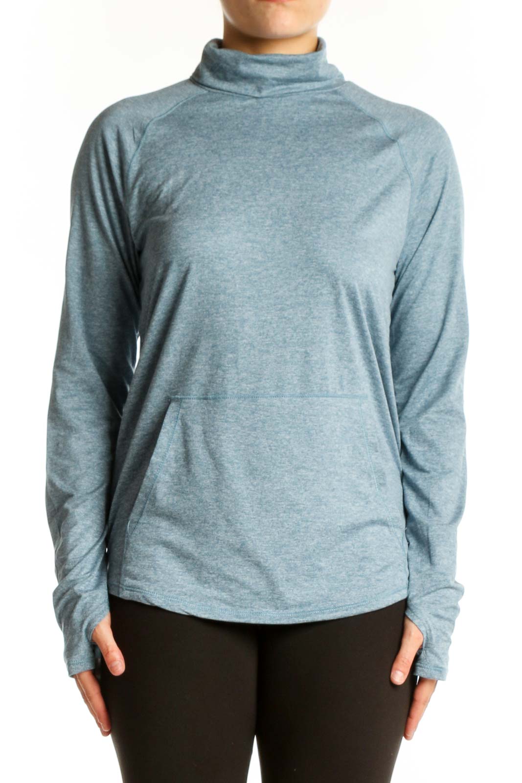Eddie Bauer blue heathered turtleneck long sleeve activewear top front view on model