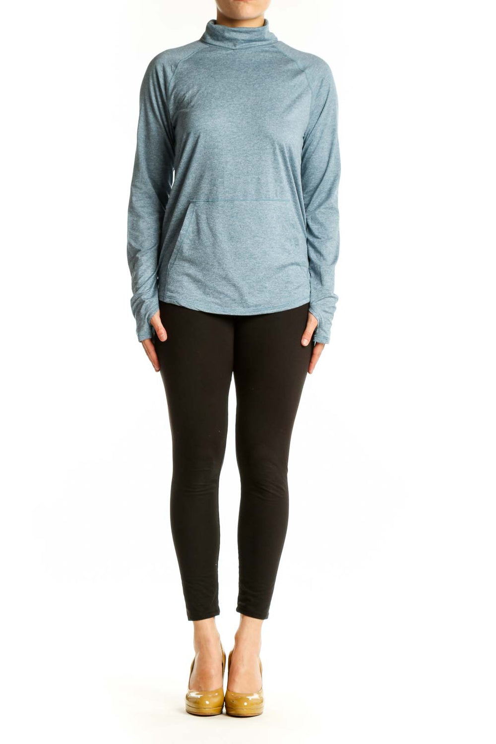 Eddie Bauer blue heathered turtleneck long sleeve activewear top front view on model