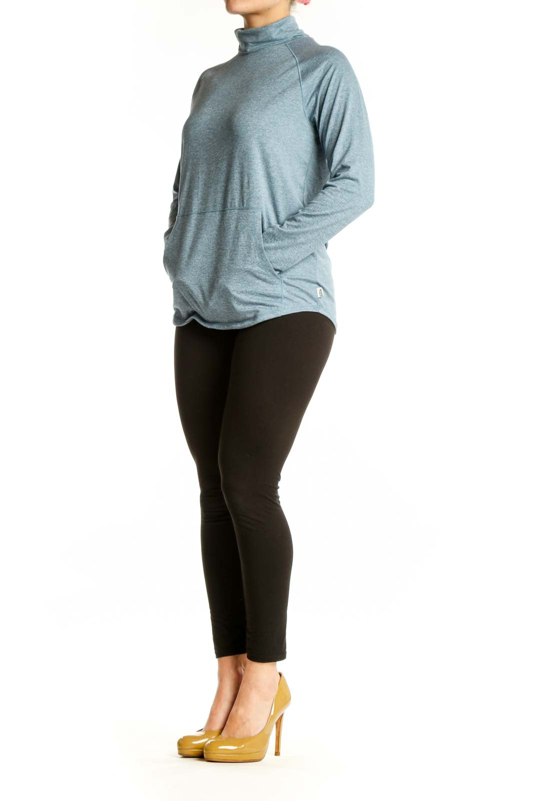 Eddie Bauer blue heathered turtleneck long sleeve activewear top front view on model