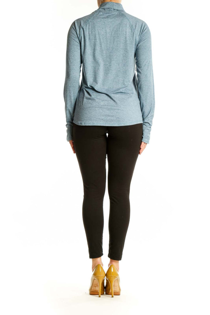 Eddie Bauer blue heathered turtleneck long sleeve activewear top back view on model