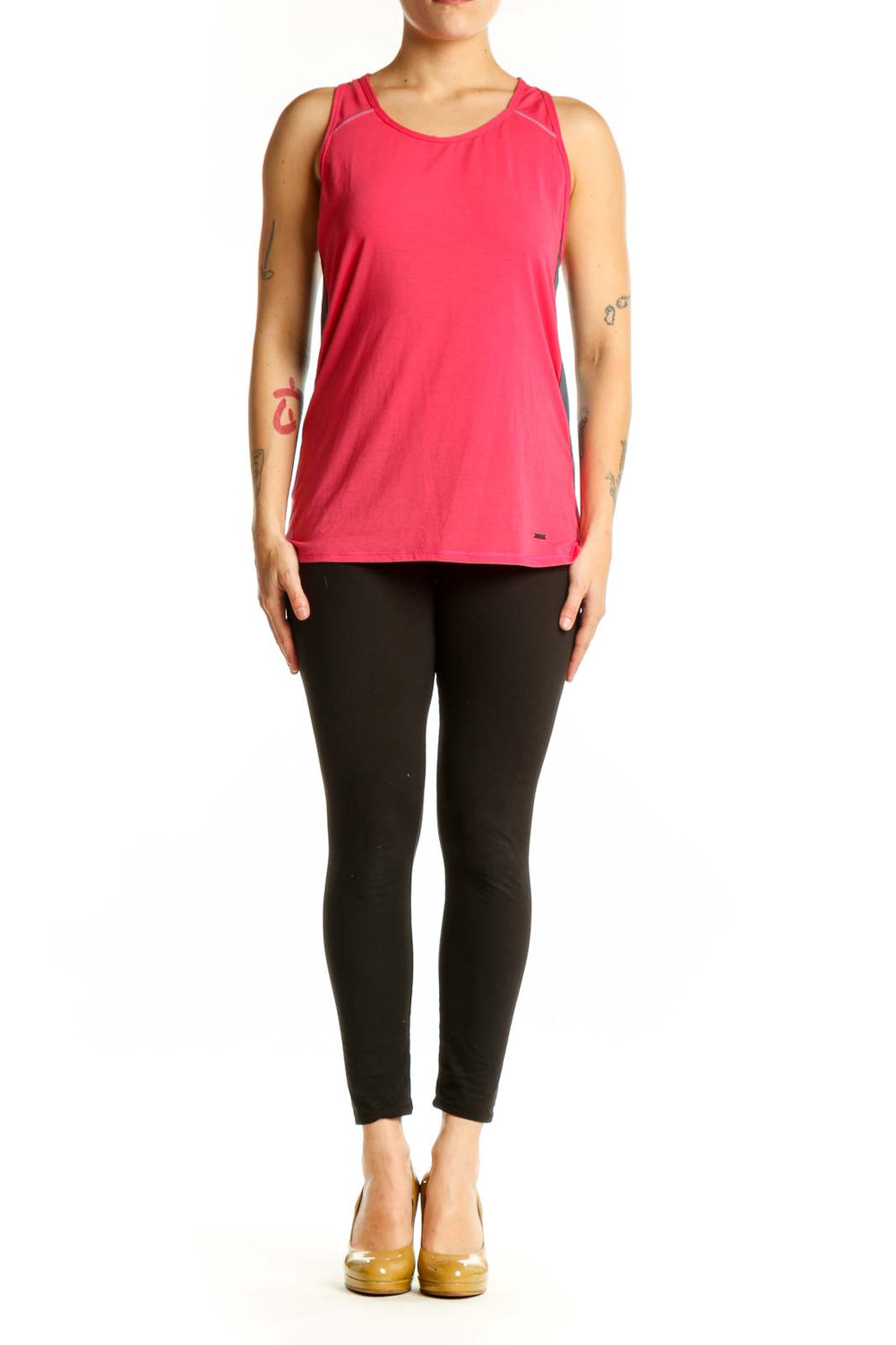 Red SUGOI athletic tank top with scoop neckline and reinforced shoulder straps, front view