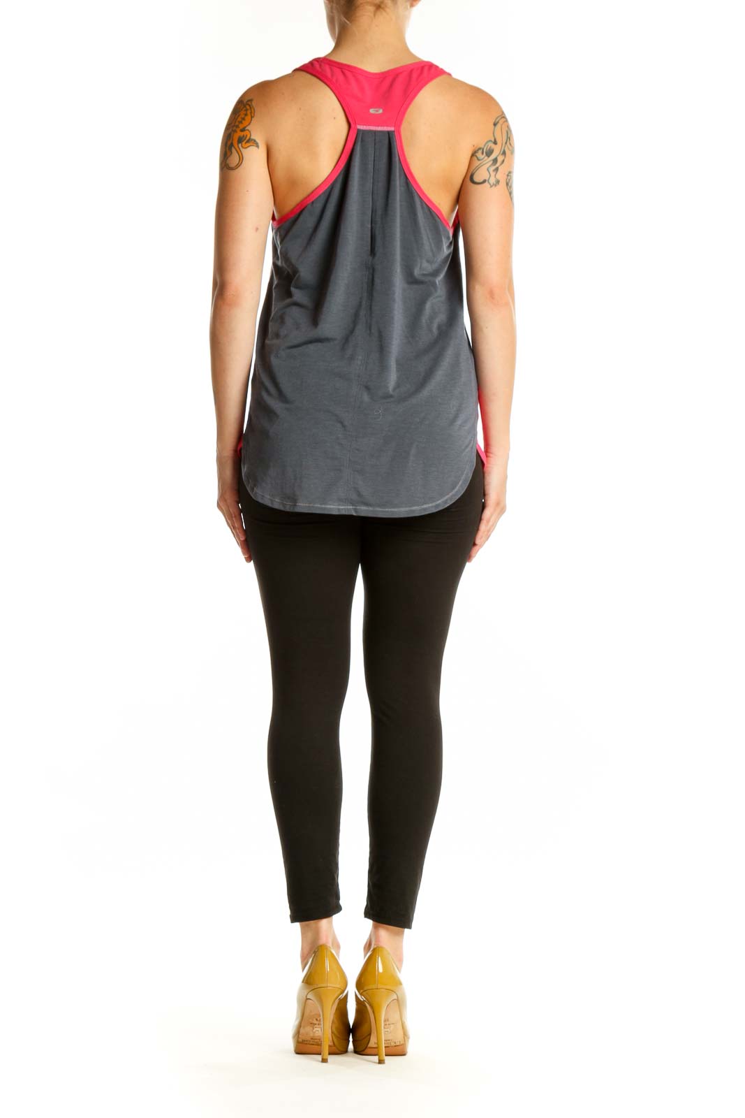 Red SUGOI athletic tank top with gray contrast back panel detail, back view
