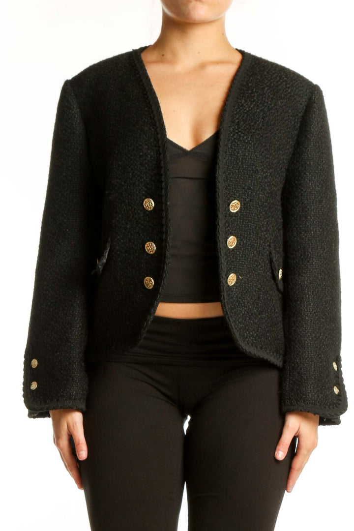 Charcoal double-breasted wool blazer by Zara with gold buttons, worn over black top
