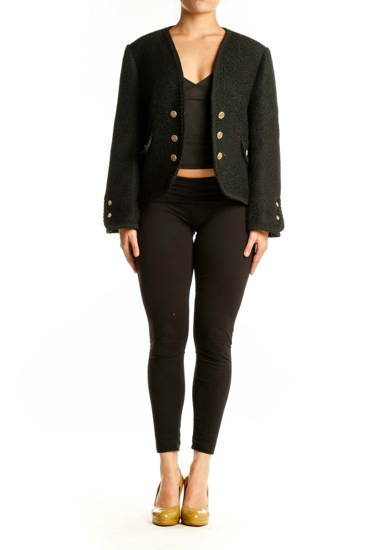 Charcoal double-breasted wool blazer by Zara with gold buttons, worn over black top