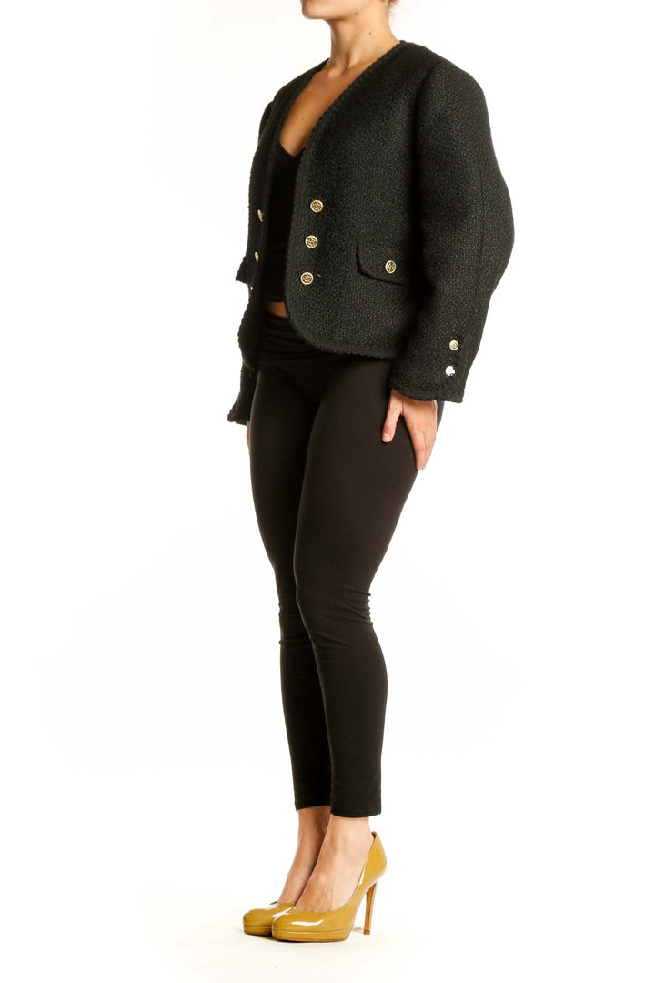 Charcoal double-breasted wool blazer by Zara with gold buttons, worn over black top