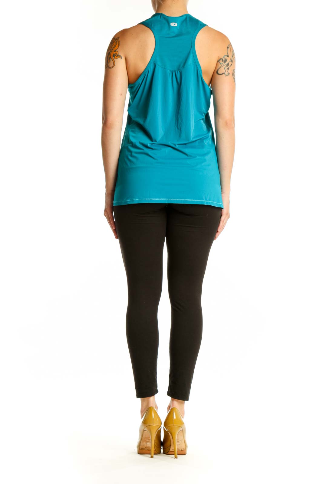 Teal V-neck sleeveless activewear tank top by SUGOI, back view on model
