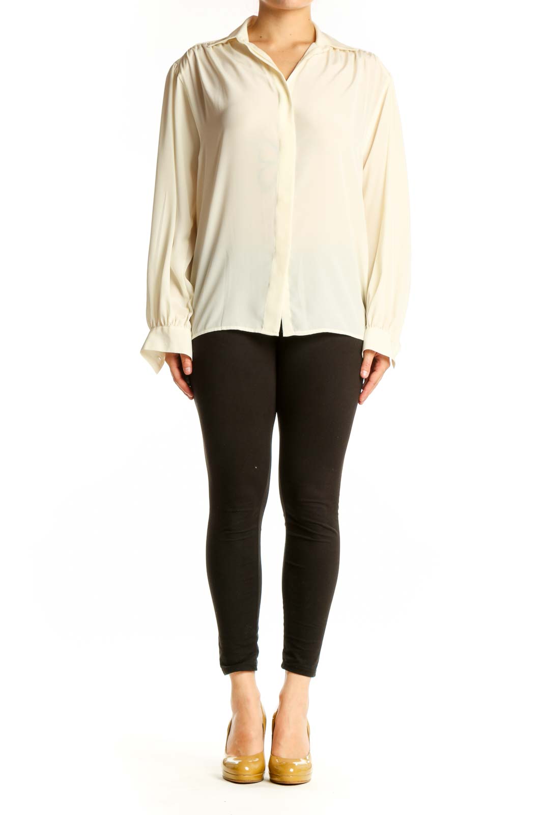 Cream button-up blouse with collared neckline and full-length sleeves, front view