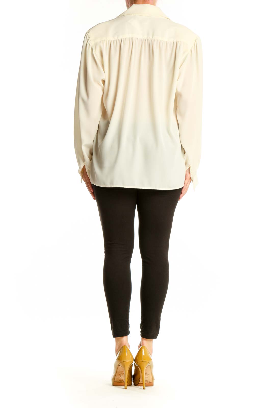 Cream button-up blouse back view showing full-length sleeves and button closure