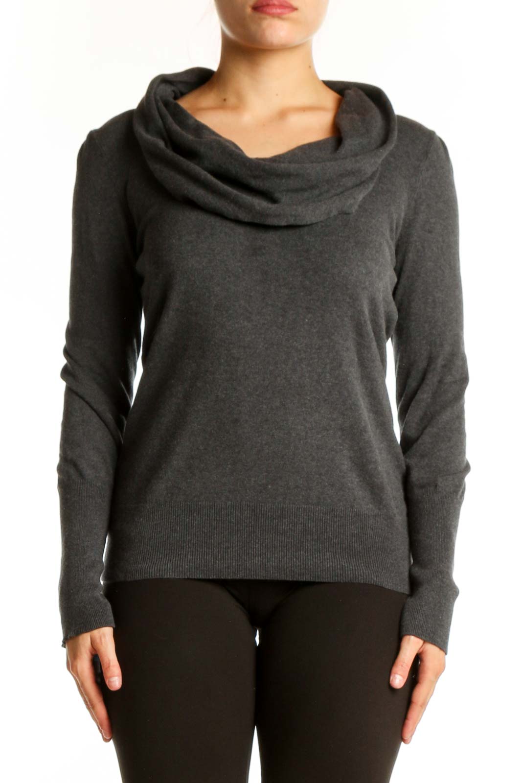 Charcoal gray cashmere sweater with draped cowl neckline, long sleeves, and fitted silhouette