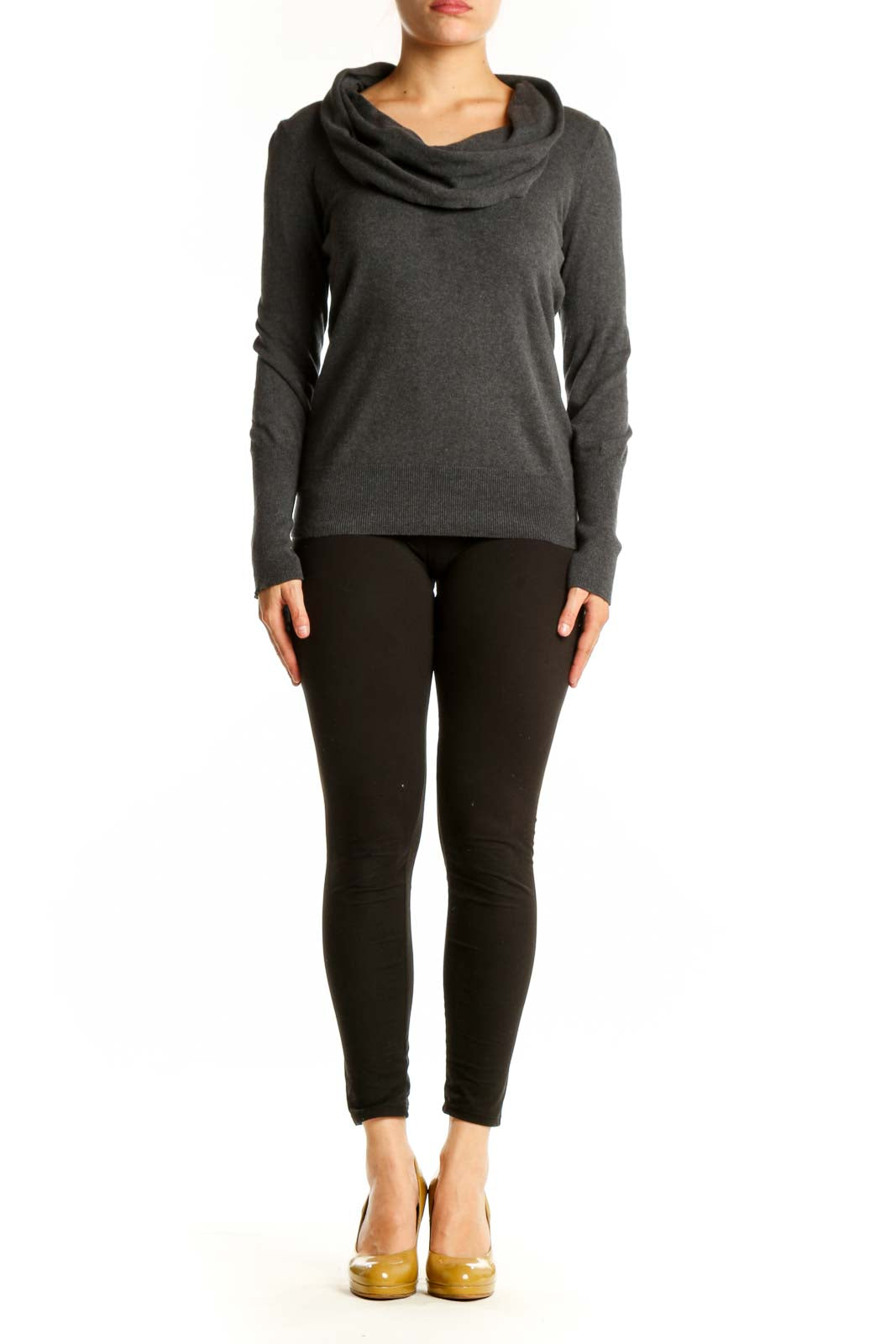 Charcoal gray cashmere sweater with draped cowl neckline, long sleeves, and fitted silhouette