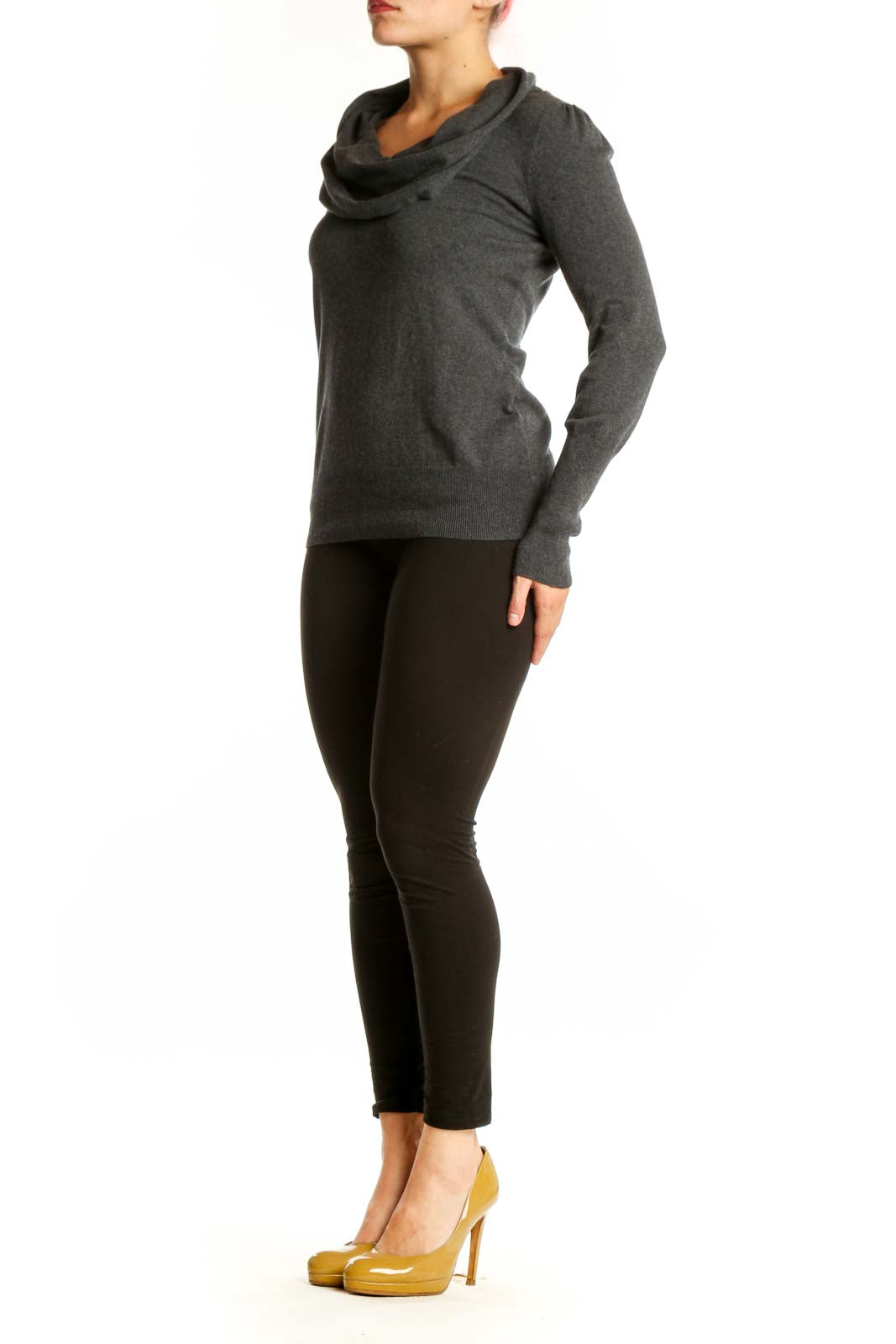 Charcoal gray cashmere sweater with draped cowl neckline, long sleeves, and fitted silhouette