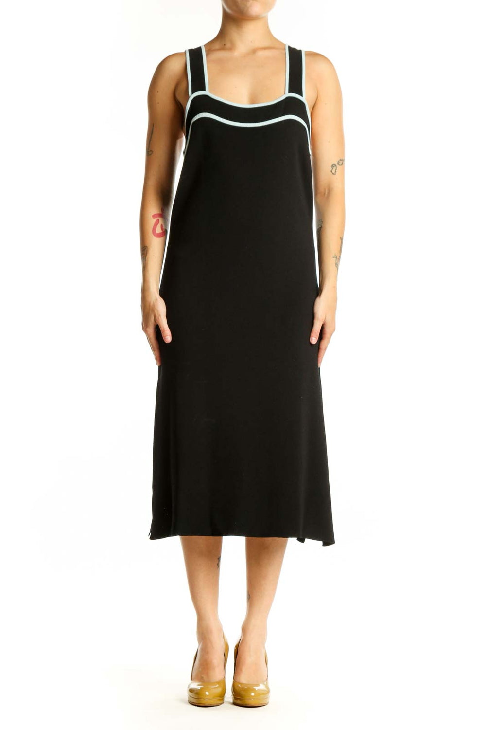 Black midi dress with white trim neckline and straps by BCBG MaxAzria, front view