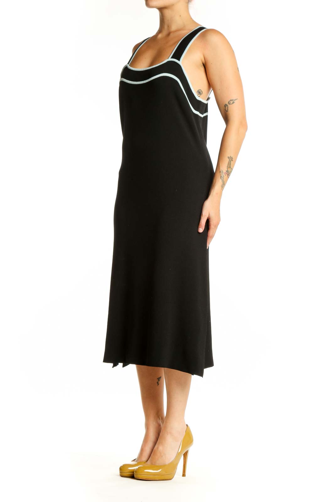Black midi dress with white trim neckline and straps by BCBG MaxAzria, front view