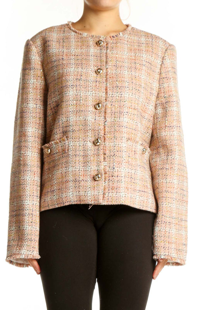 LOFT beige tweed button-front blazer jacket with gold-tone buttons, worn with black pants