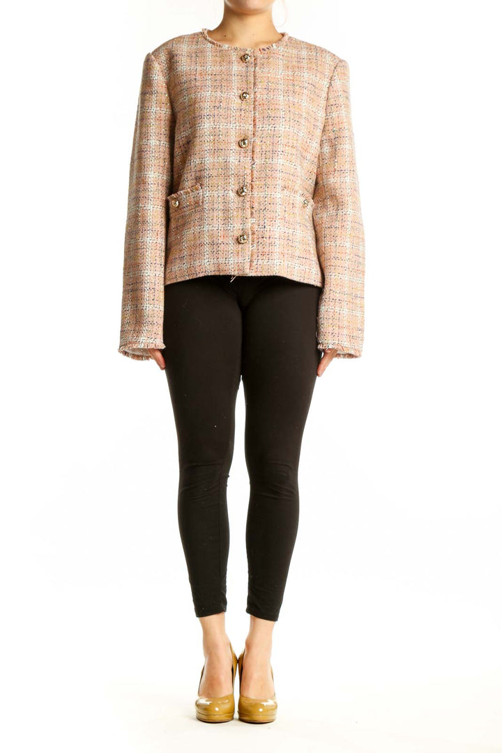 LOFT beige tweed button-front blazer jacket with gold-tone buttons, worn with black pants
