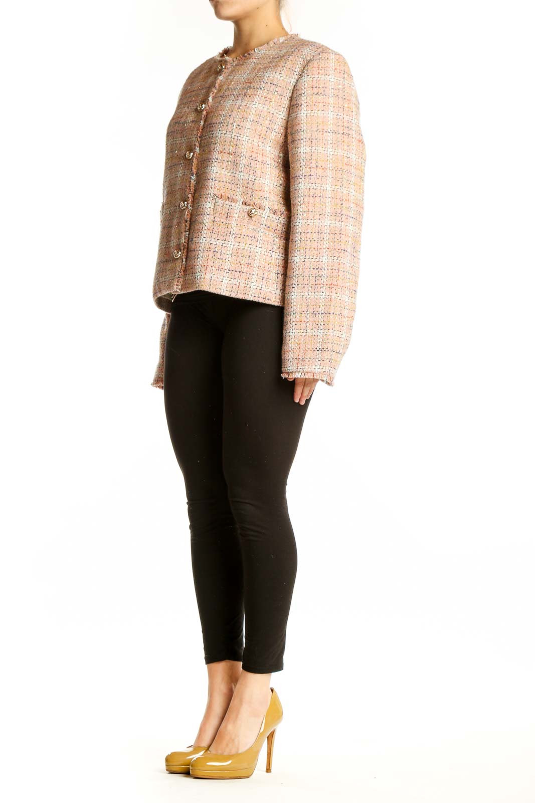 LOFT beige tweed button-front blazer jacket with gold-tone buttons, worn with black pants