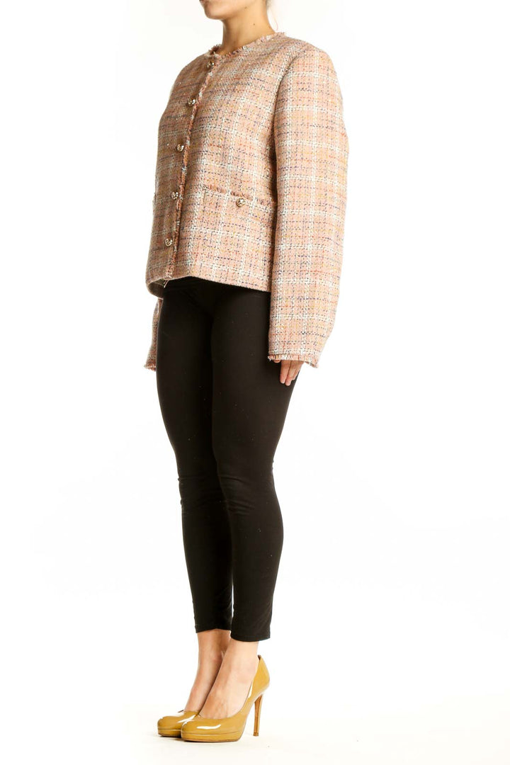 LOFT beige tweed button-front blazer jacket with gold-tone buttons, worn with black pants