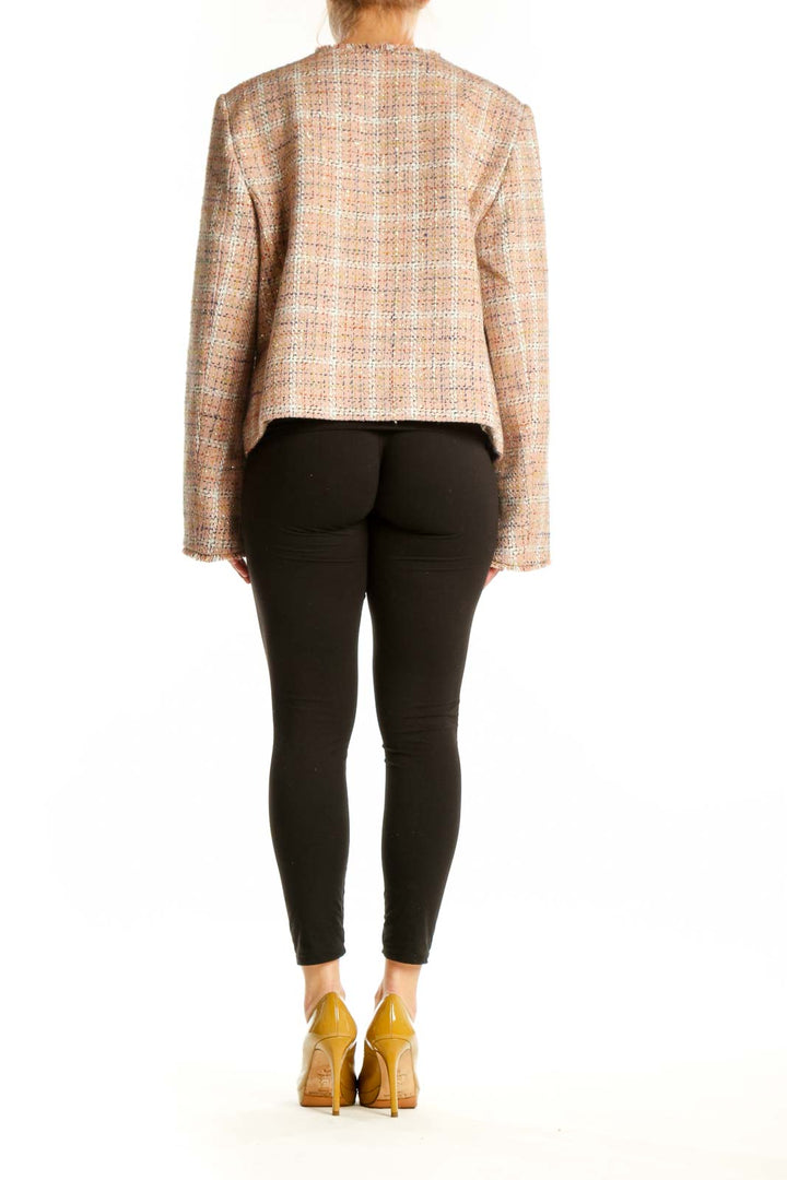 Back view of LOFT beige tweed blazer jacket showing structured silhouette and button details