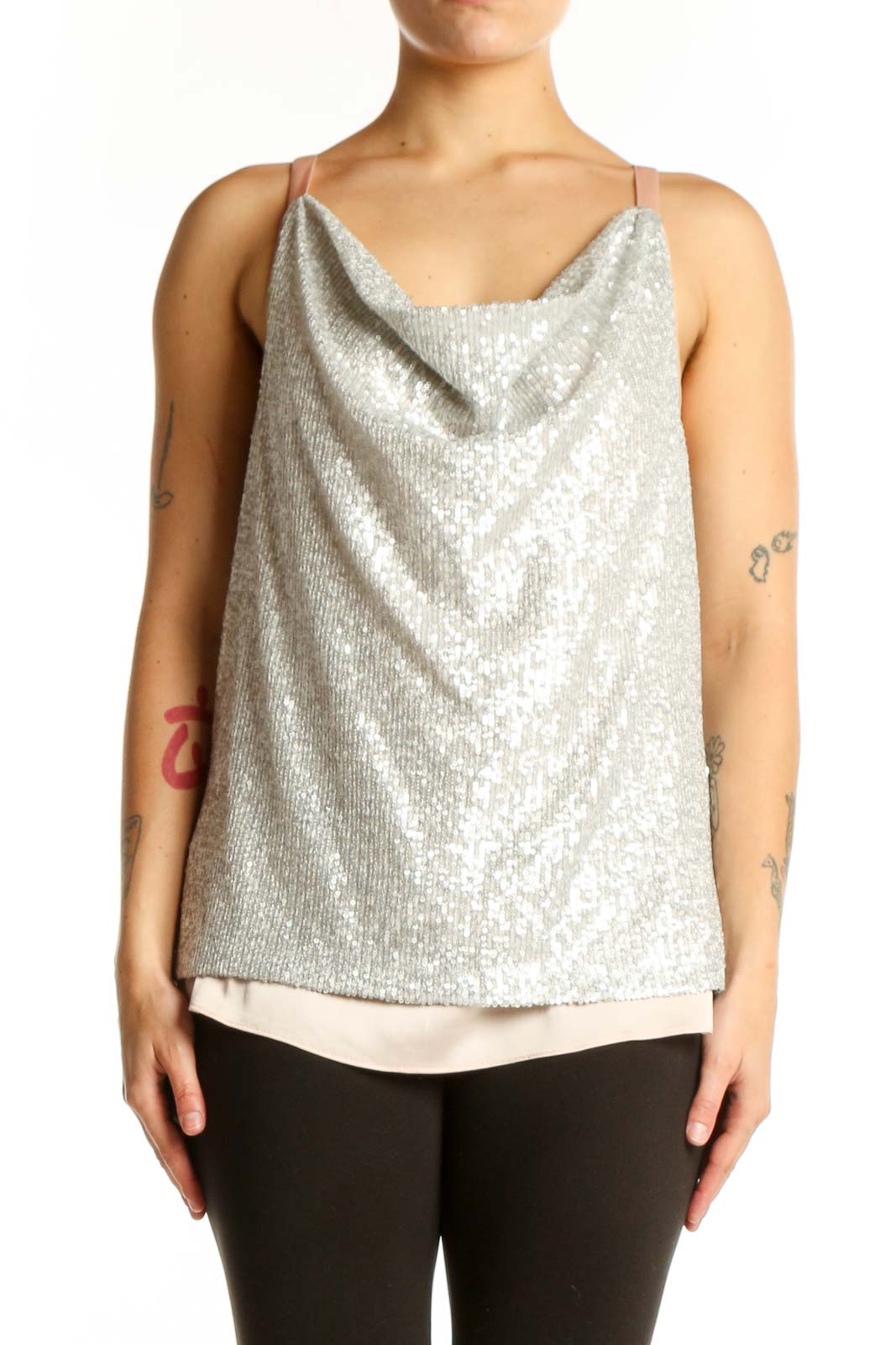 Silver sequin cowl neck camisole top with cream underlay, front view