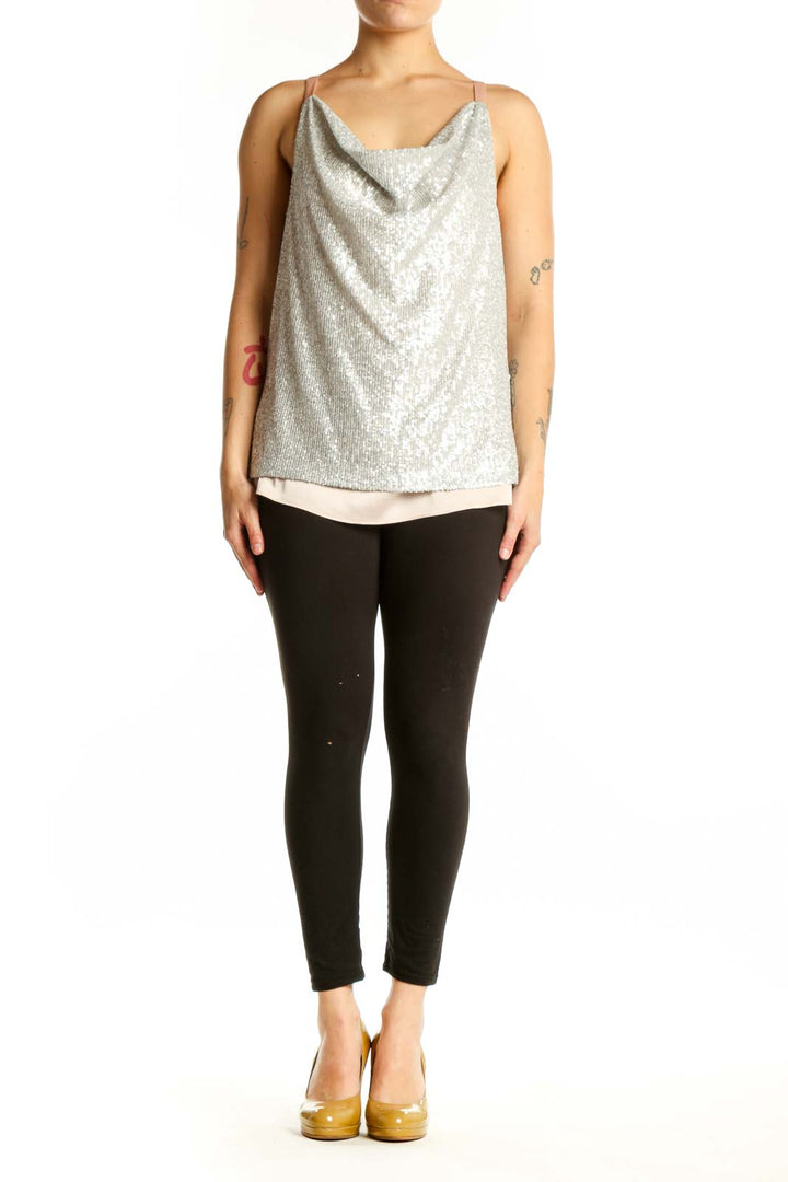 Silver sequin cowl neck camisole top with cream underlay, front view