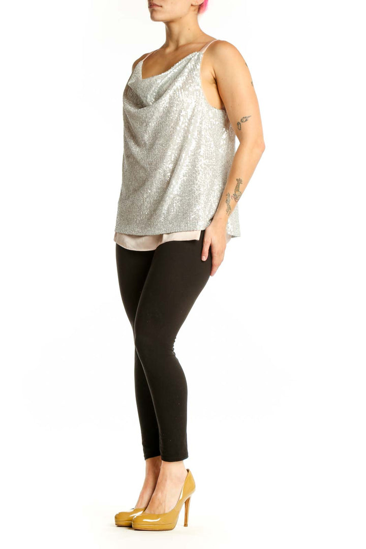 Silver sequin cowl neck camisole top with cream underlay, front view
