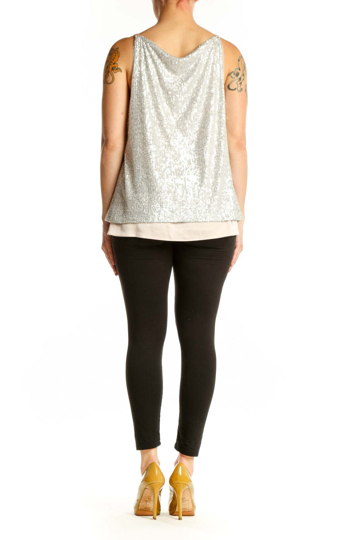 Silver sequin cowl neck camisole top with cream underlay, back view