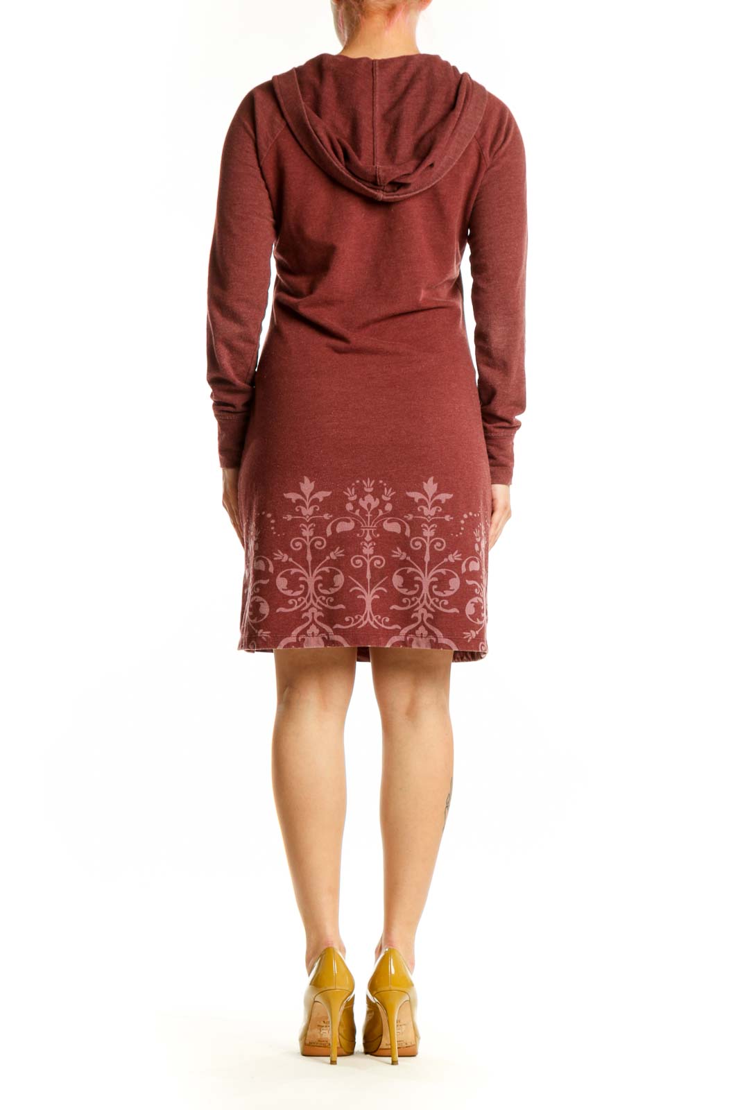 Burgundy Hooded Damask Print Dress