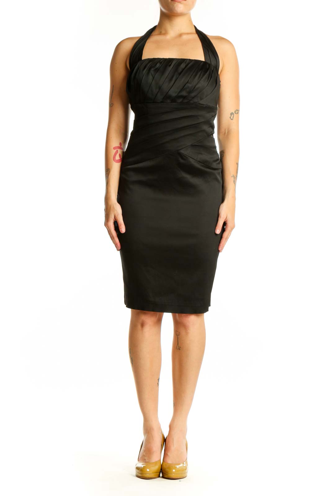 Black halter ruched cocktail dress with gathered bodice and fitted silhouette, front view