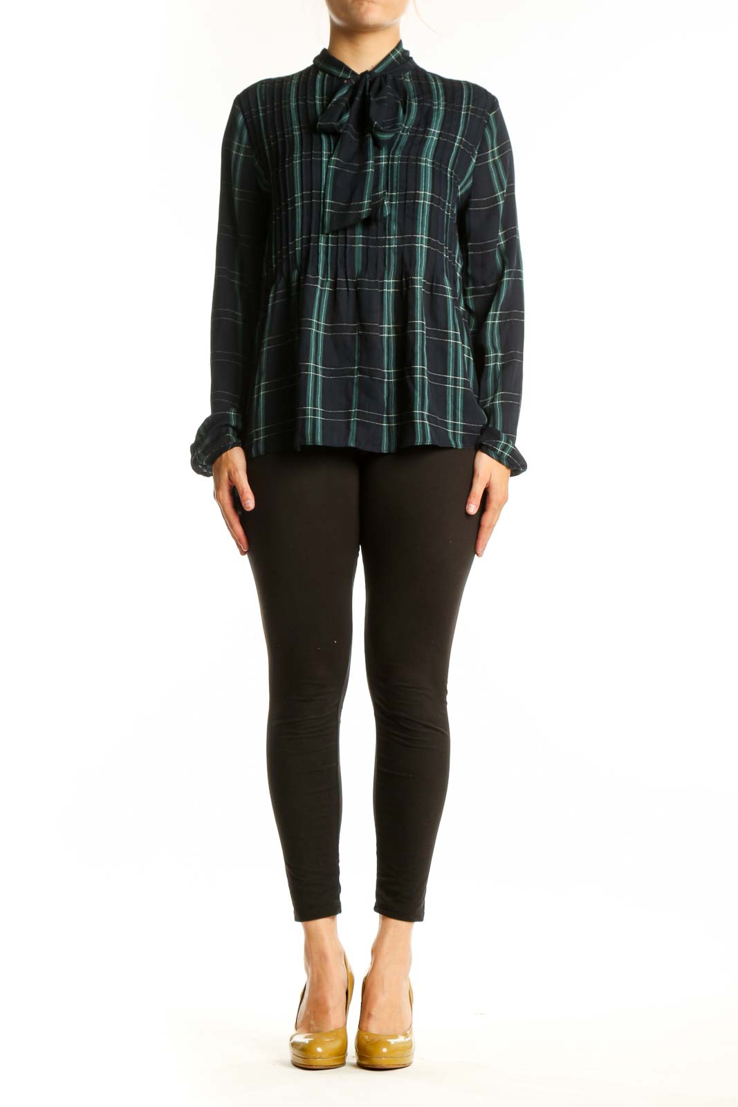 Navy and green plaid tie-neck blouse with long sleeves and A-line silhouette, front view