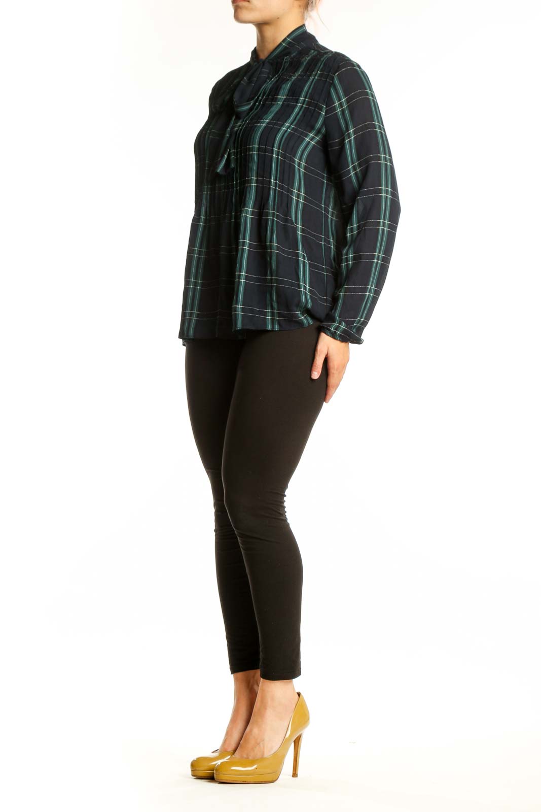 Navy and green plaid tie-neck blouse with long sleeves and A-line silhouette, front view