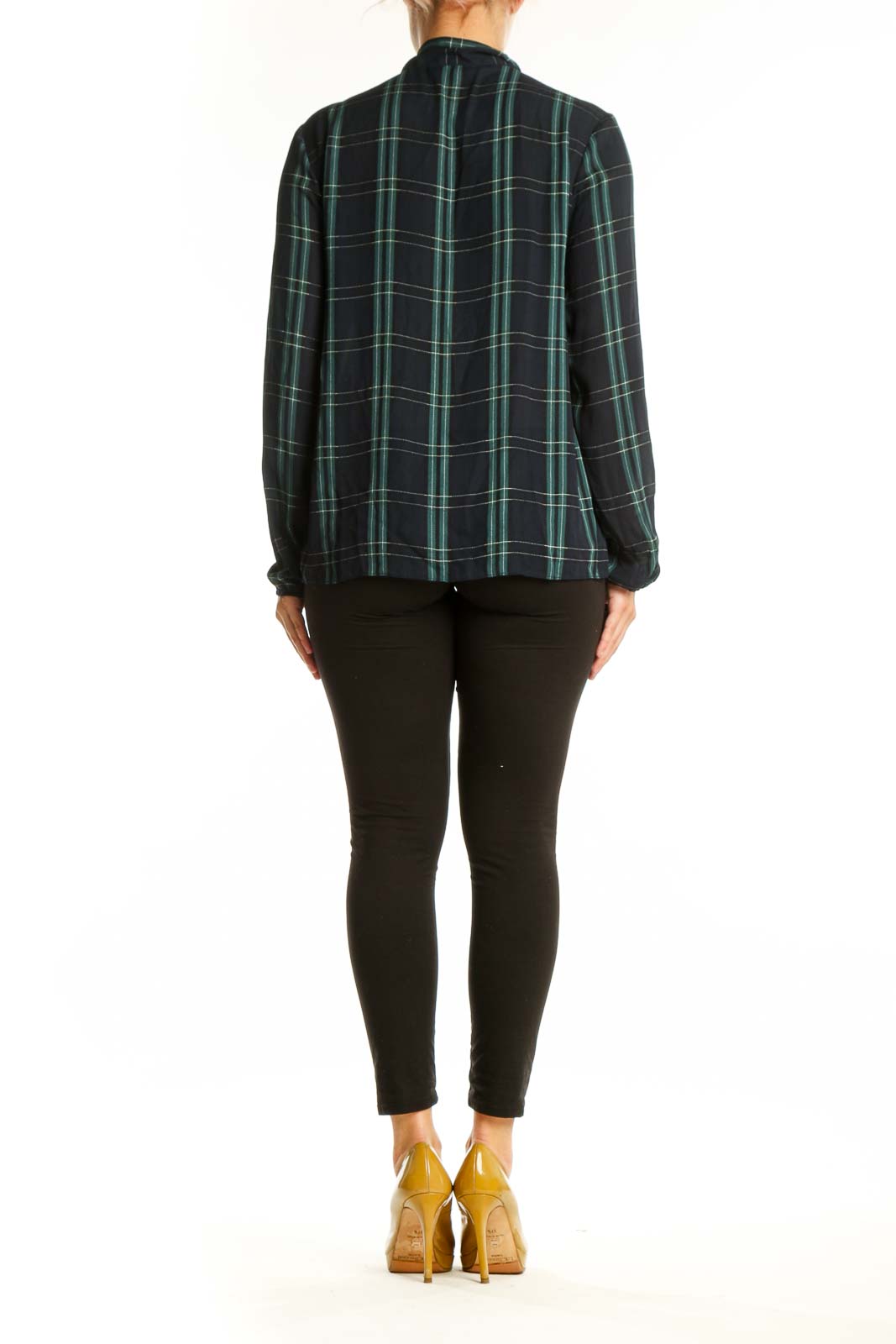 Navy and green plaid tie-neck blouse with long sleeves, back view