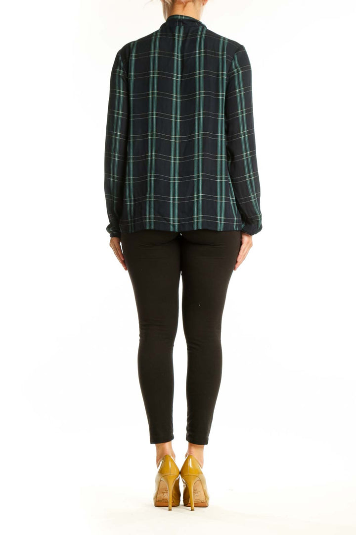 Navy and green plaid tie-neck blouse with long sleeves, back view