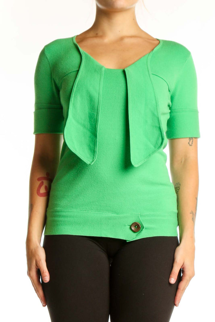 Green viscose knit top with ruffle neckline overlay and button detail, front view