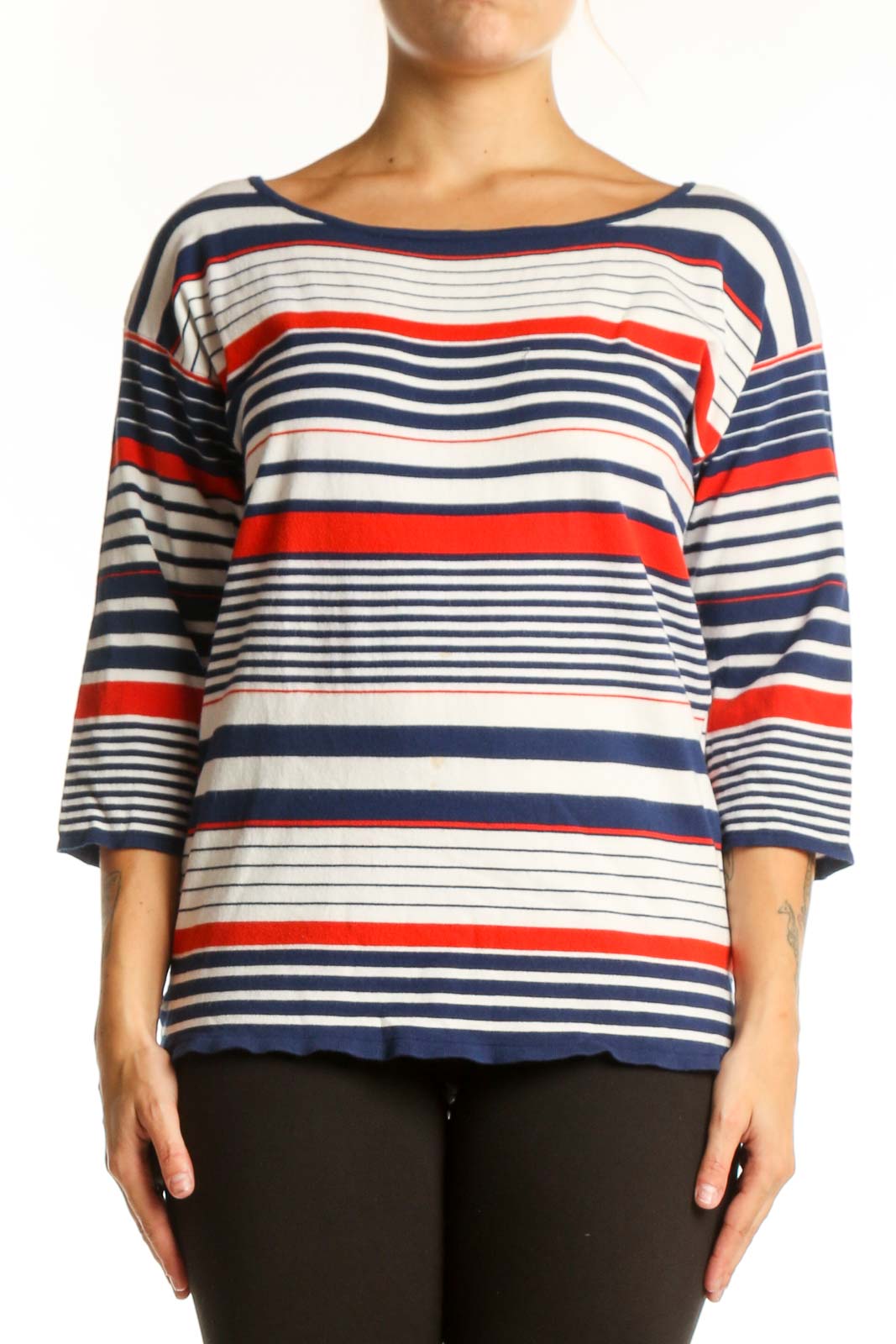 Navy, red, and cream striped three-quarter sleeve knit top by Milly, front view