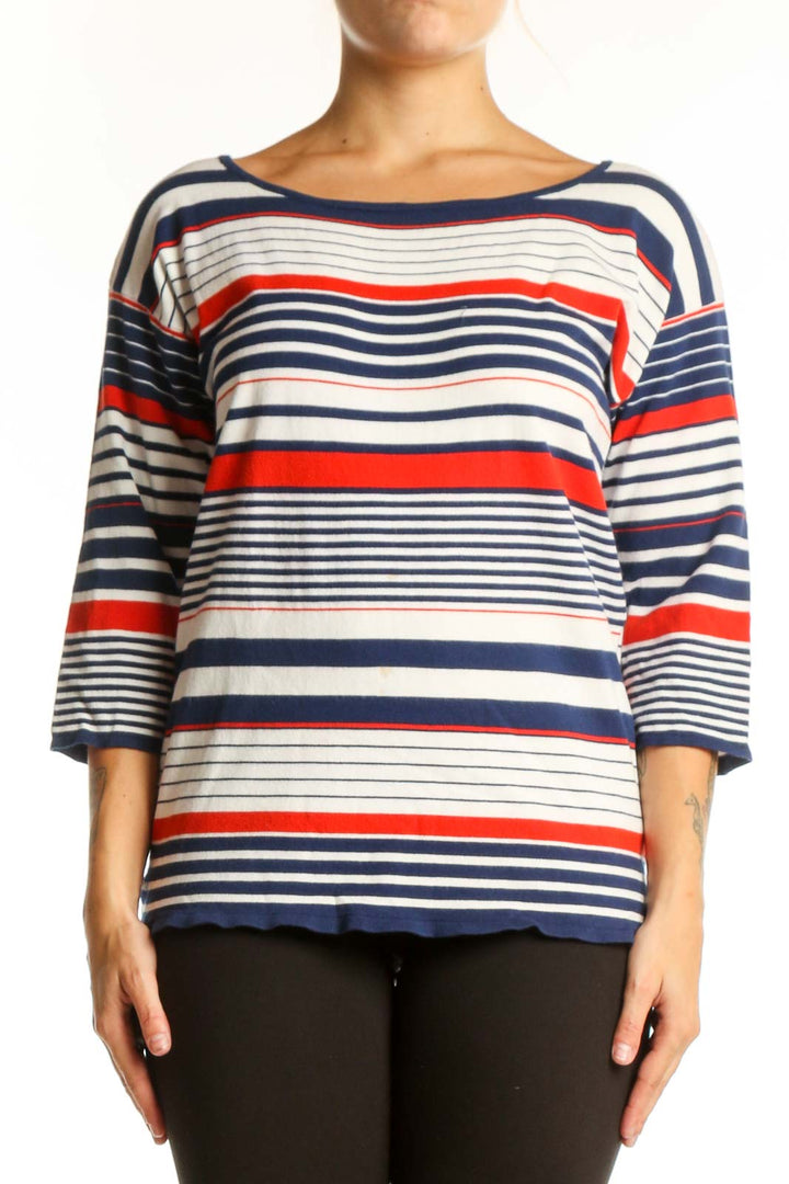 Navy, red, and cream striped three-quarter sleeve knit top by Milly, front view