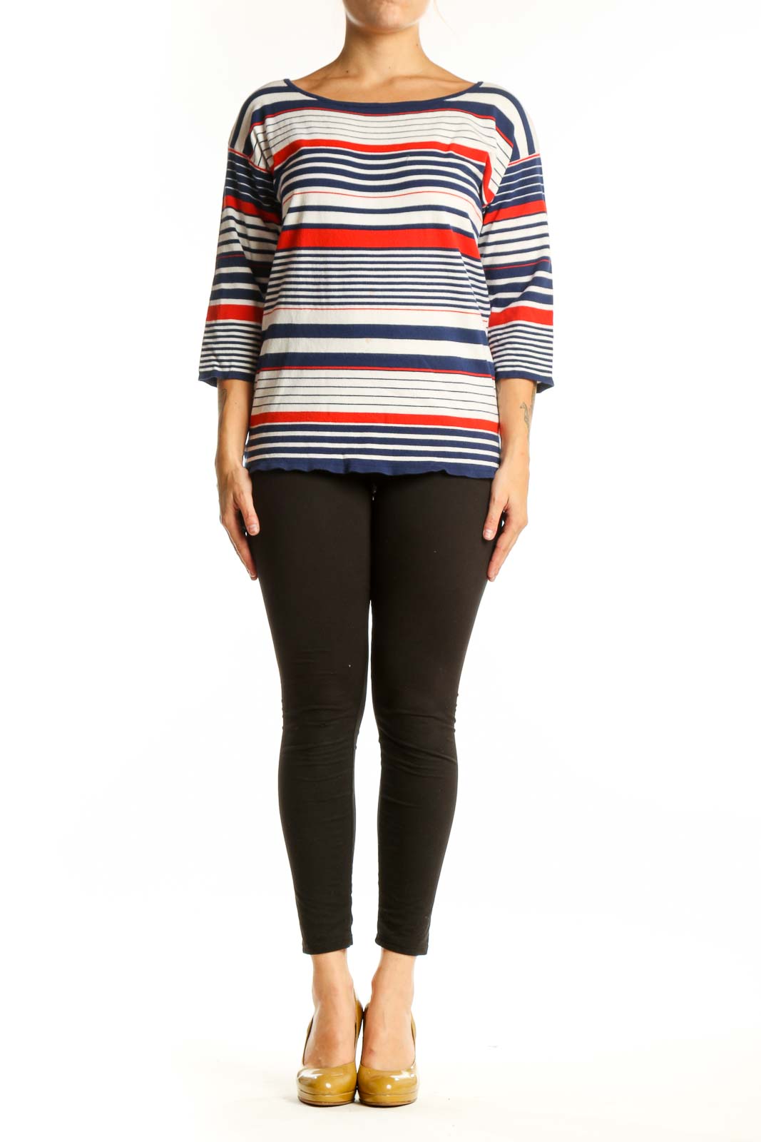 Navy, red, and cream striped three-quarter sleeve knit top by Milly, front view